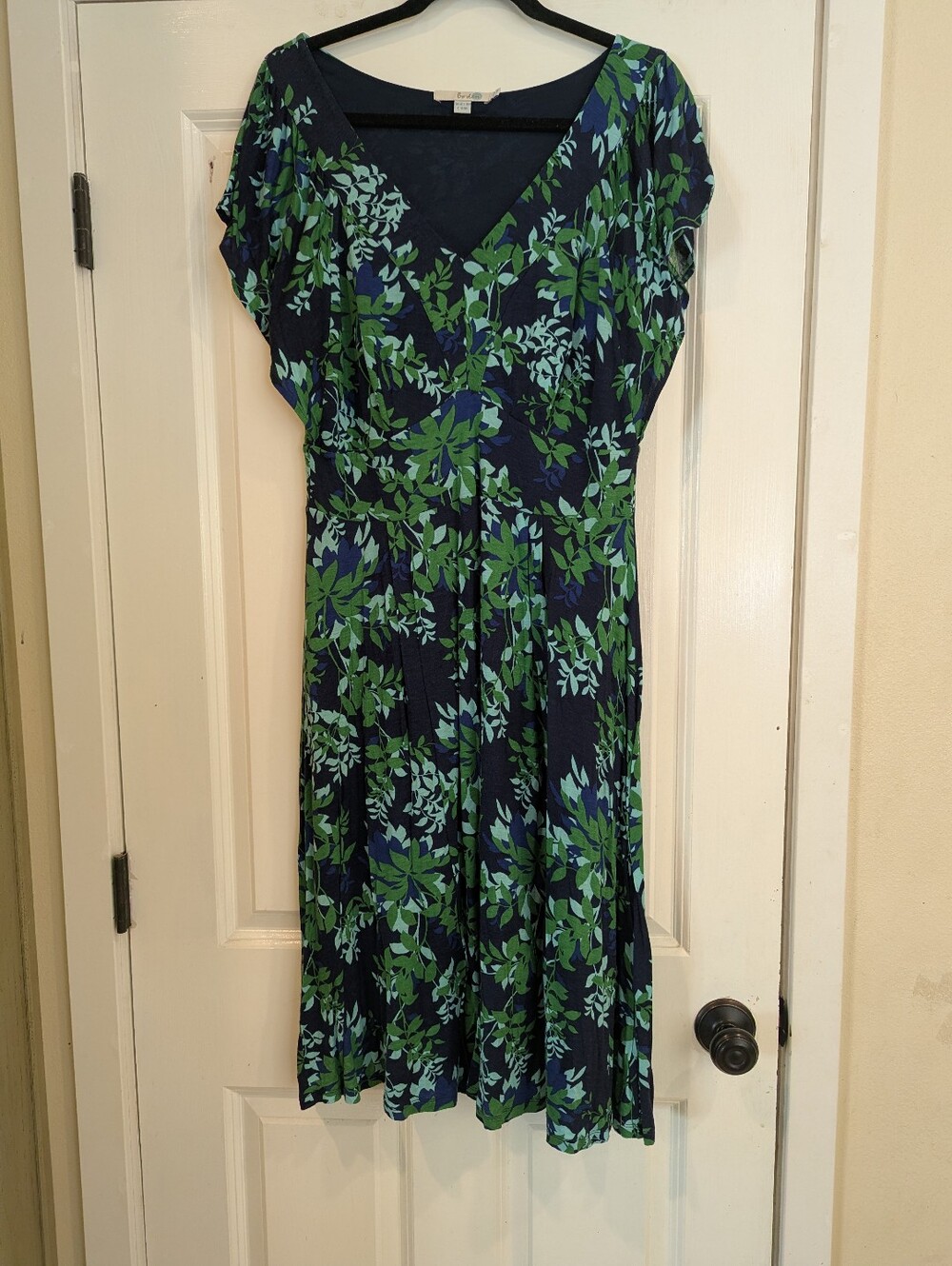 Boden Navy Midi Hyacinth Dress with Green Leaf Print 14L